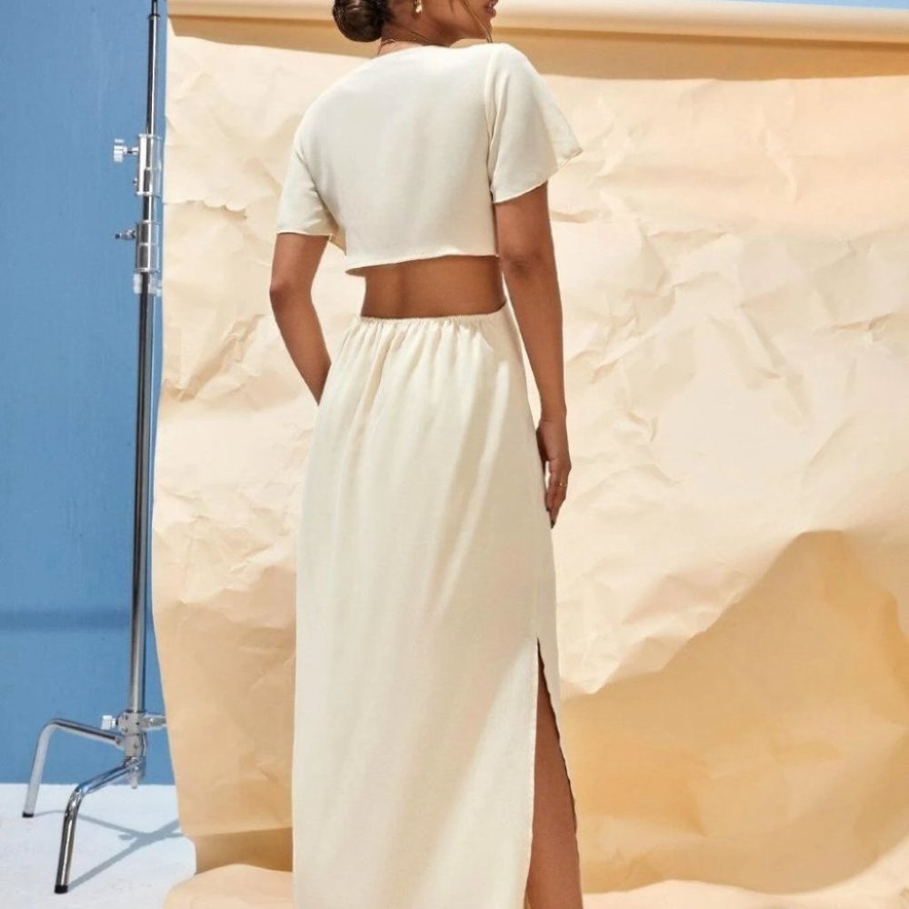 BEIGE TIE FRONT CUT OUT SPLIT HEM MAXI DRESS - Picture 4 of 14